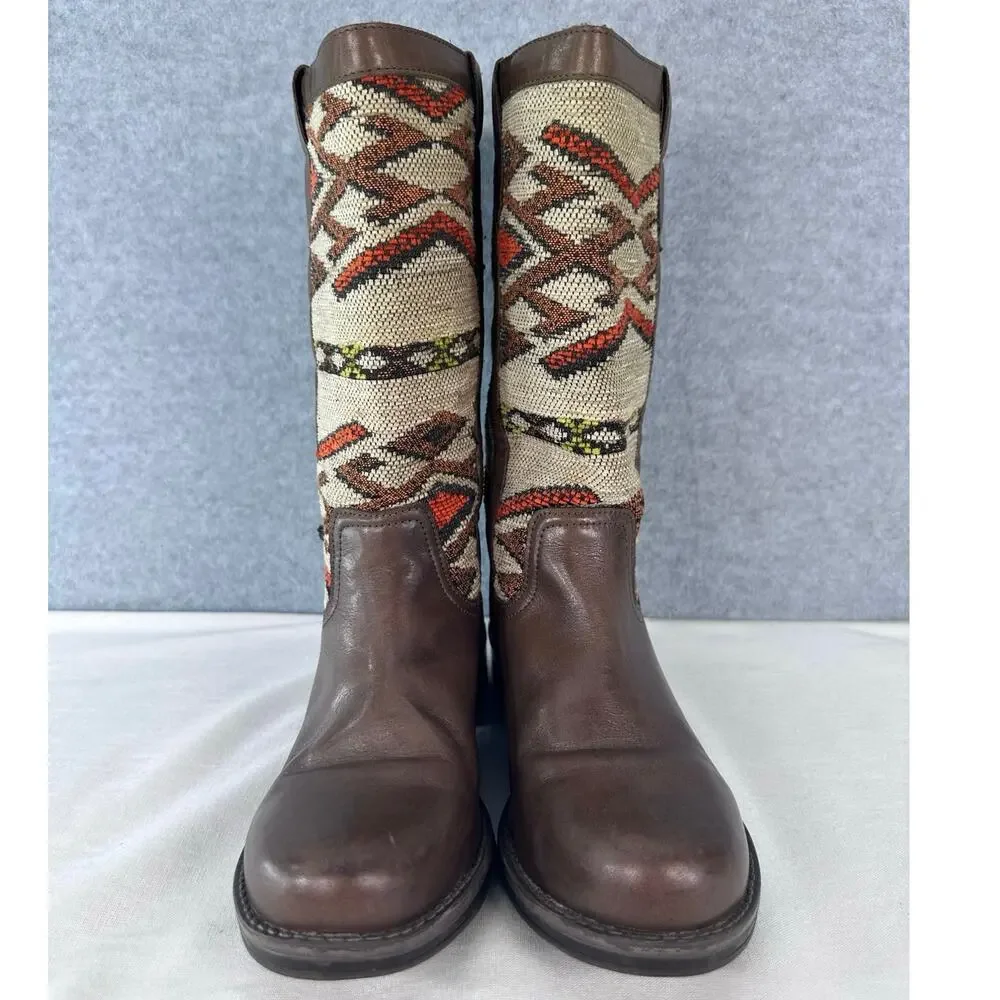 Eric Michael Women 38 US 7.5-8 Tapestry Brown Leather Pull On Southwestern Boots
